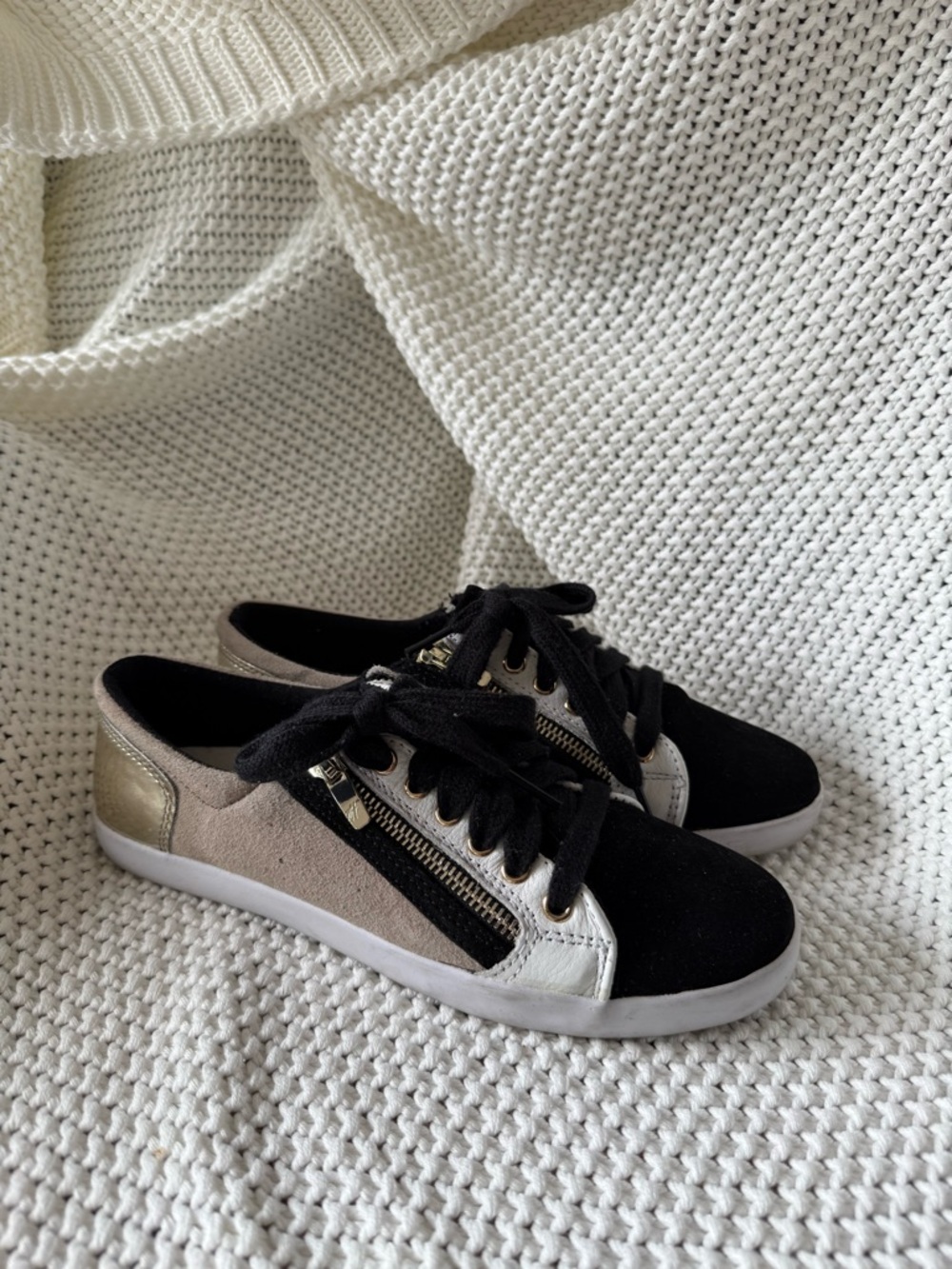 Marc Fisher Black, Gold & Beige Low-Top Lace-Up Sneakers